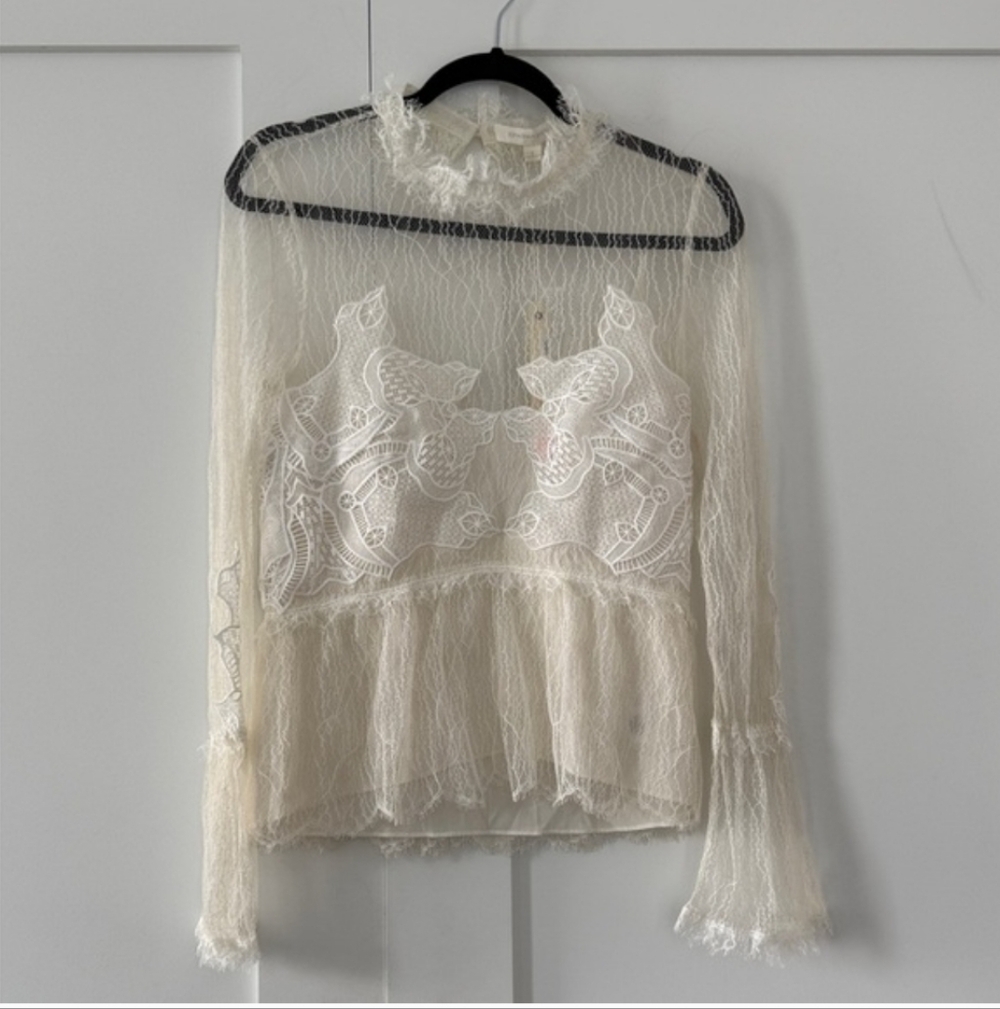 NWT- Jonathan Simkhai Ivory Sheer Lace Long-Sleeve Blouse